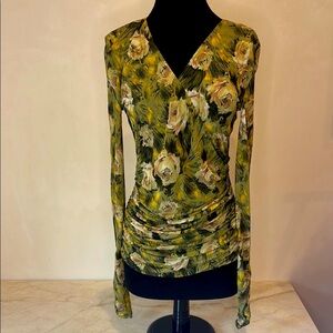 NWOT. Classiques Entier Green and Brown Ruched Long Sleeve Blouse, size Large